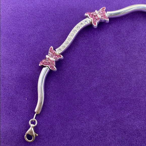💛 Classic Sterling Silver White & Pink Crystal Butterfly Bracelet - Picture 9 of 11